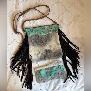 Turquoise Tooled Leather and Hairhide Fringe Crossbody Bag/Wallet